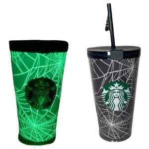 Starbucks Halloween Glow In The Dark Spider Web Cold Cup Tumbler 8 Stickers New